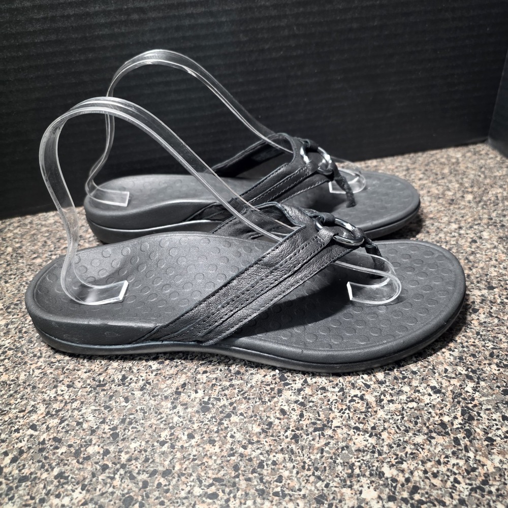 Vionic Tide Aloe Thong Toe Post Sandals Women Size 9 Black Leather Silver O-Ring - Picture 4 of 10